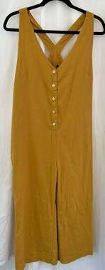 Bella Donna Mustard Yellow Linen Blend Button Front V-Neck Criss-Cross Jumpsuit